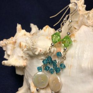 Handcrafted Sterling silver earrings with a coin pearl and SwRovski crys…
